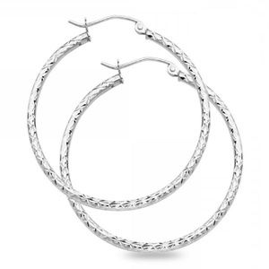 14k White Gold Round Hoop Earrings Diamond cut